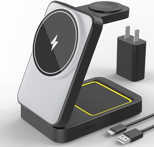 Efficient 3-in-1 Wireless Charging Dock for i Phone 16/15/14, Apple Watch, and Air Pods – Rapid Charge Station with 1.5 M USB Cable in Sleek Black – Streamline Your Charging Experience and Maximize Productivity