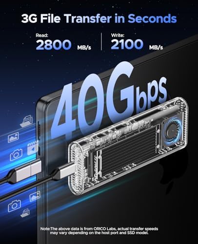 ORICO Transparent M.2 NVMe SSD Enclosure – Ultra-Fast USB 3.2 Gen 2 Adapter for PCI-E M-Key SSDs (2280/2260/2242/2230) – Lightweight and Durable External Solid State Drive Case with Tool-Free Setup and USB Type-C Support for Seamless Data Transfer