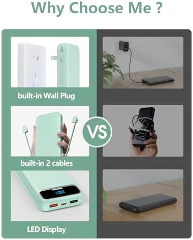 12000 m Ah Ultra-Light Portable Power Bank with Built-In Cables & AC Wall Plug – PD20 W USB-C Fast Charging for i Phone, Samsung & Android – LED Display for Battery Monitoring – Ultimate Travel Companion for Quick Device Recharging