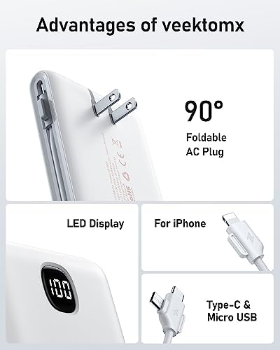 VEEKTOMX 20,000 m Ah Portable Charger with Built-in Cables and AC Wall Plug – Fast Charging Power Bank for i Phone 15/14/13 & Samsung Devices, Slim Battery Pack with LED Display for Ultimate Compatibility and On-the-Go Convenience