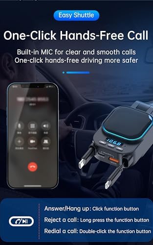 MQOUNY 4-in-1 Retractable Car Charger with Bluetooth 5.3 FM Transmitter – 96 W Fast Charging Solution for Multiple Devices, Ideal Hands-Free Calling & Music Streaming Accessory for Cars, Perfect Gift for Tech-Savvy Men and Women