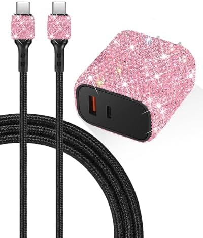 Effortless Power Boost: Bling USB C Wall Charger with 20 W Dual Port Fast Charging Adapter & 3.2 FT Type-C Cable – Universal Compatibility for i Phone 16/15 Pro Max, i Pad, and Samsung Galaxy S23/S22/S21/Note Series – Ultimate On-the-Go Charging Solution for Home & Travel