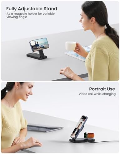 Lamicall 3-in-1 Magnetic Foldable Wireless Charger Stand – Fast Charging Station for i Phone 16/15/14/13/Pro/Pro Max, Apple Watch & Air Pods – Compact Travel-Friendly Design with Enhanced Mag Safe Compatibility for Effortless Device Management