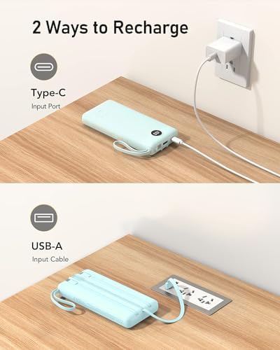 VEEKTOMX 10,000 m Ah Portable Power Bank with Integrated Charging Cables – Slim, Lightweight Fast Charger for i Phone, Samsung, and Android Devices – Essential Travel Companion with Intelligent Charging Technology for On-the-Go Convenience