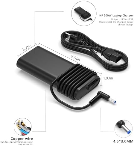 High-Speed 200 W HP Victus Laptop Charger – Ultimate Power Supply for HP Omen, Pavilion Gaming, ZBook, and Envy Series – Enhanced Compatibility for 15, 16, 17 Models – Robust Design with Short Circuit Protection – Ideal for Gamers and Professionals – Safety Certified Power Cord