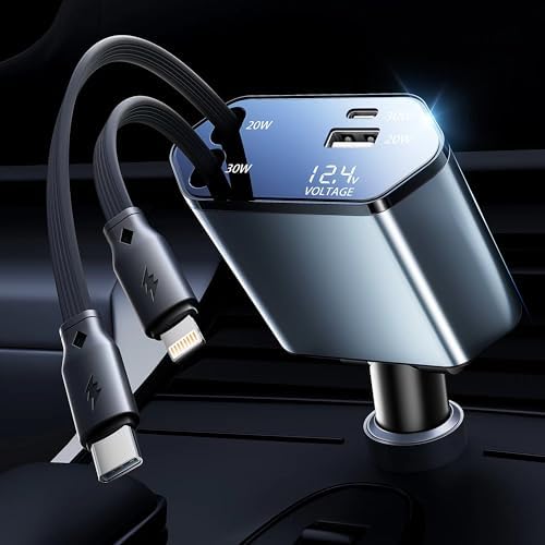 GUSGU 100 W Retractable Car Charger – Versatile 4-in-1 Fast Charging Solution with 2.6 ft Tangle-Free Cord, Lightning & USB-C Adapters – Universal Compatibility for All Devices in Sleek Silver Design – Stay Powered On-The-Go