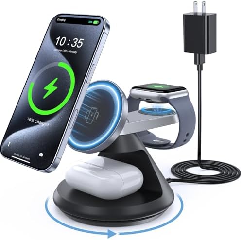 Ultimate 3-in-1 Mag Safe Charging Station: 15 W Fast Wireless Charger with 360° Rotating Dock for i Phone 16/15/14/13/12, i Watch, and Air Pods – Enhanced Magnetic Alignment, Anti-Slip Design, and Dual Orientation Stand for Seamless Charging Experience