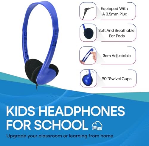 Classroom-Ready Wired Headphones – 25 Pack Durable On-Ear Audio Solution for Students, Comfortable Fit for Enhanced Learning, Ideal for Group Activities and Educational Use