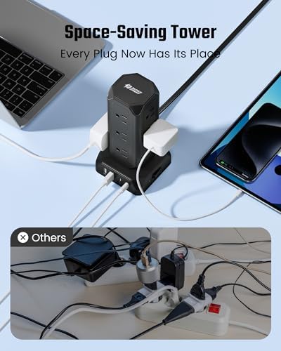Maximize Your Charging Efficiency with the SUPERDANNY Power Strip Tower Surge Protector – 9 Outlets & 4 USB Ports, 10 Ft Extension Cord, 1080 Joules Surge Protection, Grounded Safety Design for Home and Office Use – Stylish Black Desktop Charging Station for Clutter-Free Solutions
