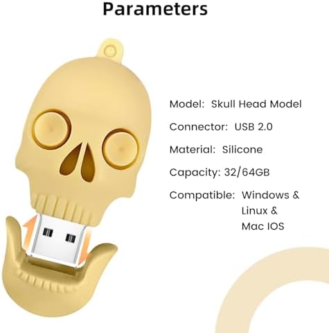 Skull Shaped 64 GB USB Flash Drive – Unique Personality Memory Stick for Stylish Data Storage | Borlter Clamp Cool USB 2.0 Thumb Drive Perfect for Gifts & Everyday Use | Durable, Portable & Compatible with All Devices
