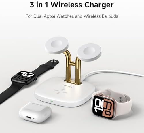 Revolutionize Your Charging Routine with the Swan Scout 3-in-1 Wireless Charging Station – Fast Dual Charger for Apple Watch Ultra 2/10/9 & Air Pods Pro 2/3/2 in Elegant White and Silver – Compact Design, Rapid Power Boosts, and Enhanced Safety Features for Modern Living