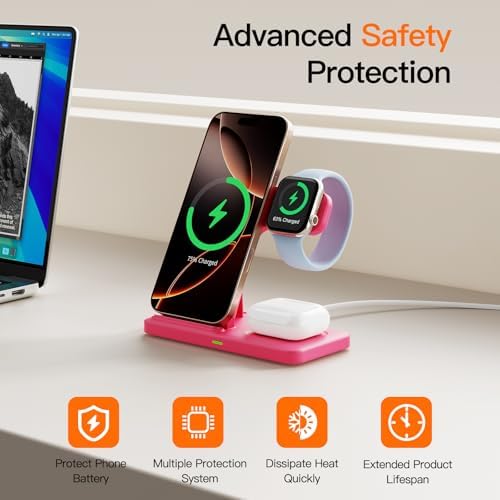 3-in-1 Wireless Charging Station for Apple Devices – 15 W Fast Charger Stand for i Phone 16/15/14/13/12/11, Apple Watch, and Air Pods – Convenient Portable Design with Enhanced Compatibility and Safety Features for Home and Travel – Perfect Gift for Tech Enthusiasts