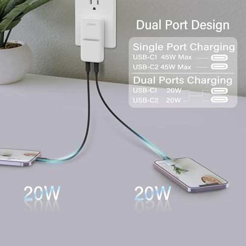 Compact 45 W Dual USB-C Wall Charger with Ga N Technology – Super Fast Charging Adapter for Laptops, Smartphones, and Tablets – Ideal Travel Companion with Folding Plug Design – Enhanced Power Delivery 3.0 for Samsung Galaxy and More – Lightweight and Efficient Charging Solution