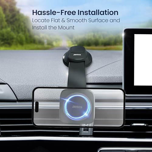 Aetos Mag Safe Car Mount: Ultimate 360° Rotatable Phone Holder for i Phone 15/14/13/12 Pro/Plus/Max & Android Devices – Adjustable Alloy Arm for Custom Positioning, Sleek Modern Design Enhances Vehicle Aesthetics, Effortless Hands-Free Navigation & Calls, Durable Yet Lightweight for Everyday Use – Elevate Safety and Convenience on the Road