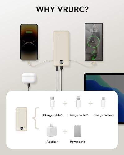VRURC 10000 m Ah Portable Charger with Built-in Cables & AC Plug – Lightweight USB-C Power Bank for Effortless Device Charging on the Go – Stylish Green External Battery for Smartphones and Tablets – Ultimate Travel Companion for Uninterrupted Connectivity and Enhanced Compatibility
