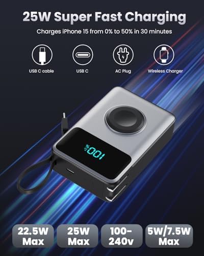 Versatile 4-in-1 Travel Charger with Integrated Wall Plug & USB-C Cables – 10800 m Ah Power Bank Featuring Magnetic Apple Watch Charging, QC4.0 & PD 25 W Fast Charging – Compact Solution for i Phone 16/15, Android Devices & More – Enhanced Portability & Smart Safety Features for On-the-Go Power