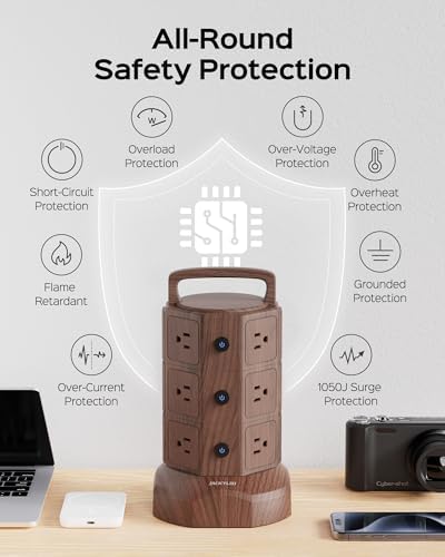JACKYLED Power Strip Tower Surge Protector with 12 Outlets and 6 USB Ports (2 USB-C) – High-Speed Charging Station with 1050 Joules Protection, 1625 Watts, 6.5 ft Extension Cord for Enhanced Home Office Efficiency and Device Safety