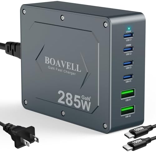 285 W Ga N Fast Charging Hub – 6-Port USB-C Power Station with Dual 100 W PD for Lightning-Fast Device Charging – Compact & Travel-Friendly Design with 100 W Cable Included – Perfect for i Phone 16, Mac Book, Samsung Galaxy & More