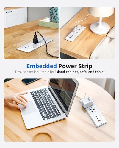 Sleek Recessed Power Strip with 20 W USB-C Fast Charger & USB-A Port – Space-Saving Desk Outlet for Effortless Device Charging, 6 ft Cord & 45° Slim Plug for Easy Access in Furniture – Ideal for Home Office and Conference Rooms