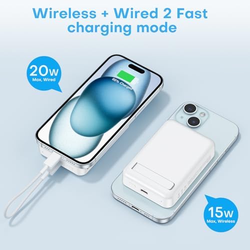 OMOTON 10,000 m Ah Magnetic Power Bank with Foldable Stand – Fast Charging Battery Pack for i Phone 15 and Above, Enhanced LED Display for Real-Time Monitoring, Sleek Gray and White Design for Ultimate Portability and Style