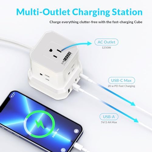 Uncaged Ergonomics Cube Power Strip with 10 ft Extension Cord – Surge Protected Charging Station Featuring 5 AC Outlets, 3 USB Charging Ports (1 USB-C Fast Charger) and On/Off Switch for Ultimate Convenience and Safety