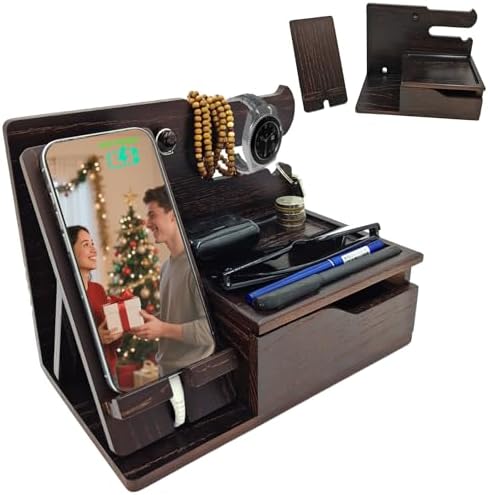 Sleek 3-in-1 Wood Phone Docking Station with Hidden Charging Hole & Drawer – Multifunctional Organizer for Phones, Keys, Glasses & Accessories, Ideal Men’s Desk Solution (Brown) – Premium Quality & Enhanced Compatibility