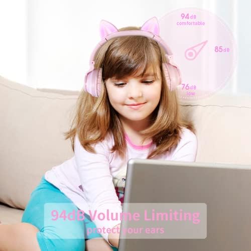 Charming Cat Ear Kids Bluetooth Headphones – Stylish Wireless On-Ear Design with Volume Limiter & LED Lights for Safe Listening – Compatible with Amazon Fire Tablets, Laptops, and More (Vibrant Pink) – Ideal for Toddlers and Young Music Lovers!