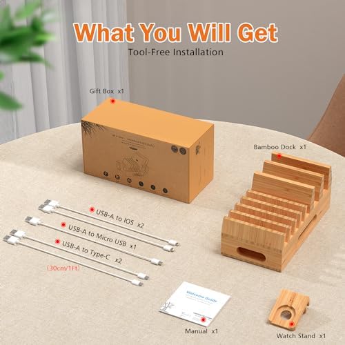 Eco-Friendly Bamboo Multi-Device Charging Station Organizer – Sleek Wood Dock for Phones, Tablets & Smartwatches – Clutter-Free Desktop Solution with Enhanced Compatibility (No USB Charger) – Elevate Your Workspace Aesthetics
