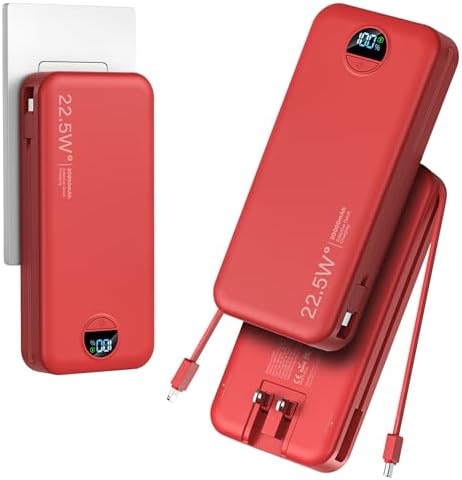 Ultra-Portable 20,000 m Ah Power Bank with Built-in Cables and AC Plug – PD 20 W Fast Charging for i Phone, Samsung, and Android Devices – LED Display Travel Battery Pack for Maximum Compatibility and Efficiency – Charge 5 Devices Simultaneously – Quick Recharge Options and Intelligent Battery Level Indicator for On-the-Go Power Solutions