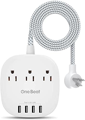 One Beat Desktop Power Strip: 3 AC Outlets & 4 USB Ports, 4.5 A Fast Charging Hub with 5 ft Braided Cord & Flat Plug – Ideal for Home, Office & Cruise Travel, ETL Certified for Safety and Performance