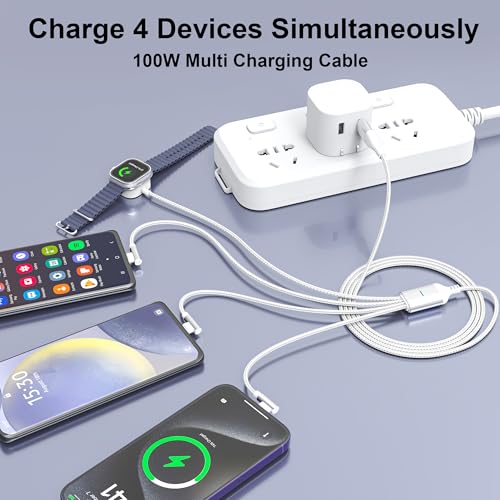 Revolutionary 4-in-2 Multi-Device Charging Cable: 100 W High-Speed USB-C Power Hub for i Phone, Apple Watch, i Pad, and Galaxy – 10 ft Length with Ergonomic 90-Degree Connector for Effortless Travel and Clutter-Free Charging – Your All-in-One Solution for Dynamic Tech Users!