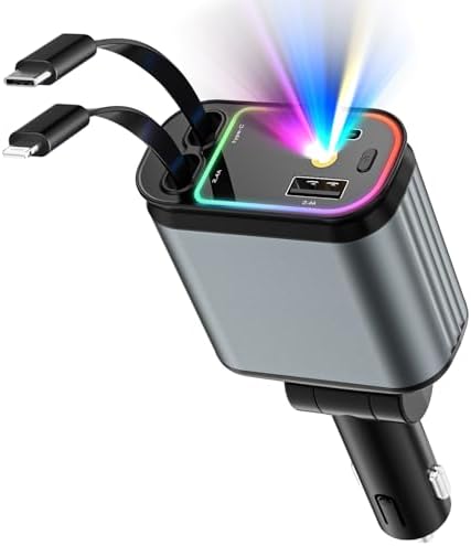 Starlight Enhanced 66 W USB-C Fast Car Charger – 4-in-1 Retractable Adapter with Dual USB Ports for i Phone 16/15/14/13/12/11 & Android Devices – Ultimate Convenience for On-the-Go Charging in Sleek Black Finish