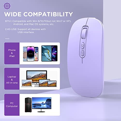 Sleek Purple Bluetooth Wireless Mouse – Rechargeable Tri-Mode Multi-Device Companion for Laptops, Mac Books, i Pads & More – Silent Operation for Focused Workspaces – Lightweight Ergonomic Design for Ultimate Portability
