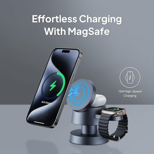 Revolutionary 3-in-1 Wireless Charging Station with Mag Safe: Simultaneously Charge i Phone, Apple Watch & Air Pods – Elegant Multi-Device Solution with Night Lamp for Enhanced Ambiance, Compatible with i Phone 16/15/14/13/12 & Apple Watch Series 1-9 – Ultimate Convenience for Tech Enthusiasts