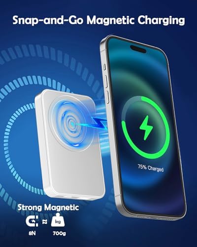 Effortlessly Stay Charged with Our 10,000 m Ah Magnetic Wireless Power Bank – 15 W Fast Wireless & 22.5 W USB PD QC3.0 Portable Charger for i Phone 12/13/14/15 Series – Sleek White Design with LED Display & Seamless Device Alignment – Essential Accessory for On-the-Go Power Needs