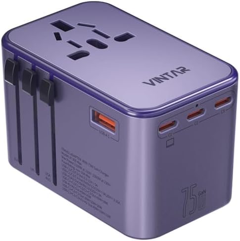 VINTAR Universal Travel Adapter 75 W Ga N Technology: Ultimate All-in-One Power Converter with 3 USB-C PD and 2 USB-A Quick Charge Ports for Global Use – Compact Power Solution for Laptops & Smartphones in 200+ Countries – Reliable Performance with Safety Features for Hassle-Free Charging