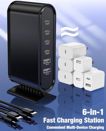 High-Power 96 W Multi-Device Charging Station – 6-Port USB-C Fast Charging Hub with 6 ft Cables for i Phone 16, 15 Pro Max, Samsung, Android & i Pad – Sleek Black Organizer for Home & Office Use – Rapid Charging Solution to Eliminate Cable Clutter