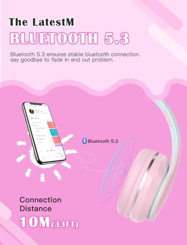 Premium Pink Over-Ear Bluetooth 5.3 Headphones – Versatile Wireless Audio Solution for Kids and Adults with 10-Hour Battery, Adjustable Fit, and Built-In Microphone for Effortless Connectivity and Comfort during School, Travel, or Home Use