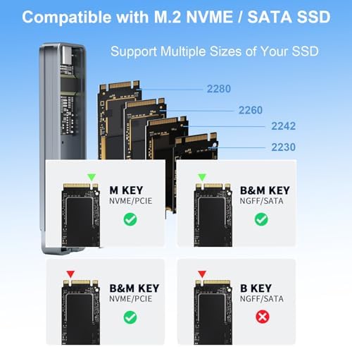 Ultra-Fast M.2 NVME & SATA SSD Enclosure – 10 Gbps USB 3.2 Gen2 USB-C Connector for High-Speed Data Transfer, Compatible with M Key & B+M Key SSDs (2280/2230/2242/2260) – Portable, Plug-and-Play Design for Effortless File Management and Enhanced Performance