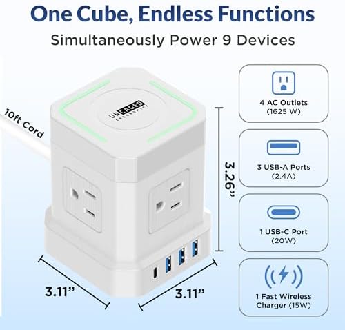 Revolutionize Your Charging Setup with the Uncaged Ergonomics 10 ft Wireless Cube Charger & Power Strip – Featuring 4 AC Outlets, 3 USB Ports Including 1 C Fast Charger, Surge Protection, and an On/Off Switch for Ultimate Device Management and Safety