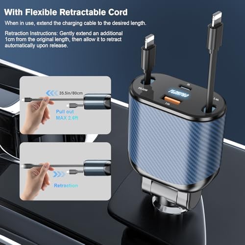 Experience Ultimate Power on the Road: PLDHPRO 80 W Retractable Car Charger – 4-in-1 Fast Charging Adapter with Dual Type-C Cables for i Phone 16, i Pad, and Samsung – Essential Vehicle Accessory for Efficient Charging and Easy Storage – Perfect Gift for Tech Enthusiasts and Travelers