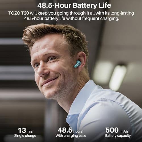 TOZO T20 Wireless Earbuds – Ultimate 48.5 Hour Playtime, IPX8 Waterproof Design for All-Weather Use, Dual Microphone Noise Cancellation for Clear Calls, 10 mm Speakers Delivering Rich Audio, Advanced 2025 Bluetooth Connectivity with Real-Time LED Battery Display