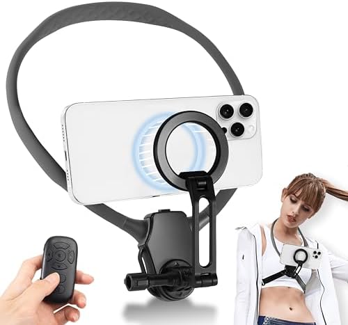 Magnetic Neck Phone Mount for Recording,Magnetic Phone Holder,POV Phone Holder,Magnetic Neck Chest Mount with Wireless Remote,Neck Holder for iPhone Android Phones (Gray Magnetic Model) – Enhanced Compatibility and Speed