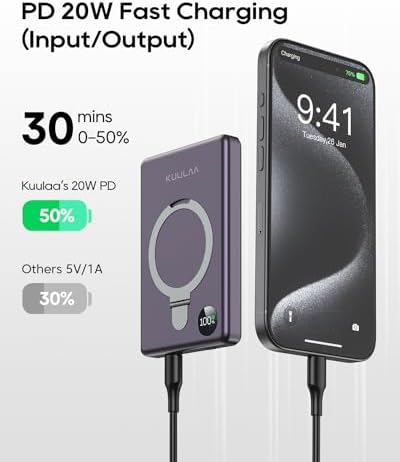 Kuulaa 10000 m Ah Magnetic Power Bank with LED Display – PD 20 W Fast Charging, Ultra-Slim Portable Charger for i Phone 16/15/14/13/12 – Mag Safe Wireless Battery Pack with Built-in Stand for Enhanced Mobility and Convenience