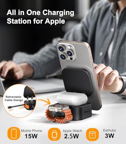 2025 3-in-1 Magnetic Wireless Charging Station for Apple Devices – Fast 15 W Mag Safe Charger with Retractable Cable and Foldable Stand for i Phone 16/15/14/13/12 Pro Max, Apple Watch, and Air Pods – Ultimate Portability and Enhanced Safety Features
