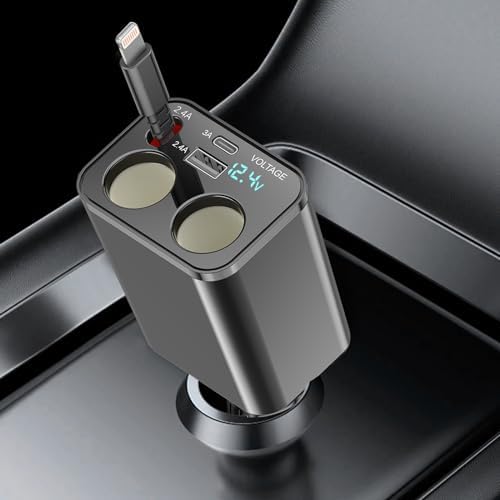 Ultimate 5-in-1 Retractable Car Charger – Fast Charging Dual-Socket Adapter with USB-A & USB-C Ports for i Phone 16/15, Galaxy, i Pad, GPS & Dash Cam – Tangle-Free Design for Multi-Device Power on the Go