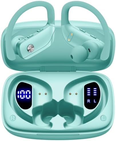 Bmani Bluetooth Wireless Earbuds: 48-Hour Playtime Sport Headphones with LED Battery Display, Mint Green Over-Ear Design featuring Secure Earhooks and Built-in Mic for Ultimate Workout Performance and Enhanced Compatibility Bmani Bluetooth Wireless Earbuds: 48-Hour Playtime Sport Headphones with LED Battery Display, Mint Green Over-Ear Design featuring Secure Earhooks and Built-in Mic for Ultimate Workout Performance and Enhanced Compatibility