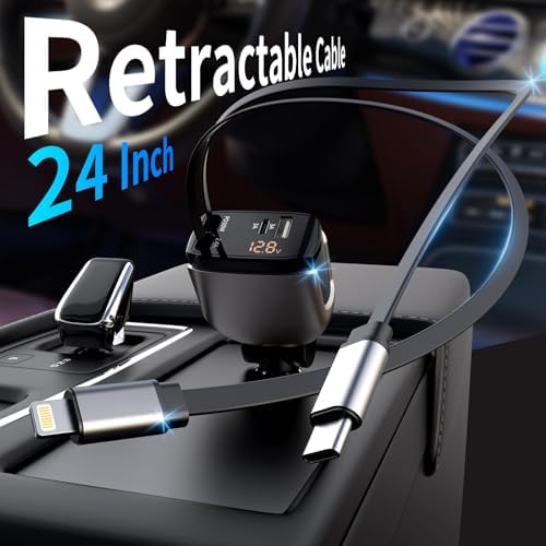 Ultimate Retractable 4-in-1 Car Charger – Fast Charging Solution with 2.6 ft Cable, Dual USB-C & Phone Compatibility for i Phone 16/15 Pro Max, Galaxy, Pixel – Essential Travel Accessory for Multi-Device Power Needs