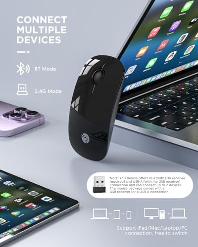 Sleek Purple Wireless Bluetooth Mouse – Effortless Dual Connectivity, 1600 DPI Precision, Whisper-Quiet Clicks, Long Battery Life for Enhanced Productivity and Versatile Device Compatibility