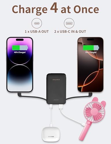 Ultra-Slim 5000 m Ah Power Bank with Built-In USB-C Cables – Dual Charging External Battery Pack for i Phone & Android – Lightweight Travel Companion in Black & Pink – Effortless Portability and Enhanced Device Compatibility